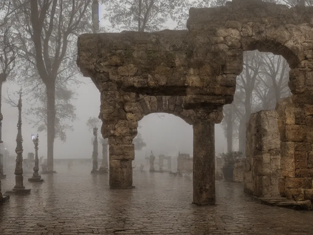 Prompt: rainy, foggy, ancient city, 4k, 8k