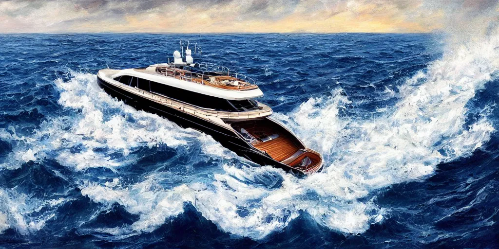 Prompt: motor yacht in a turbulent sea, 8 k, expressive, highly detailed, aiwasowski style,