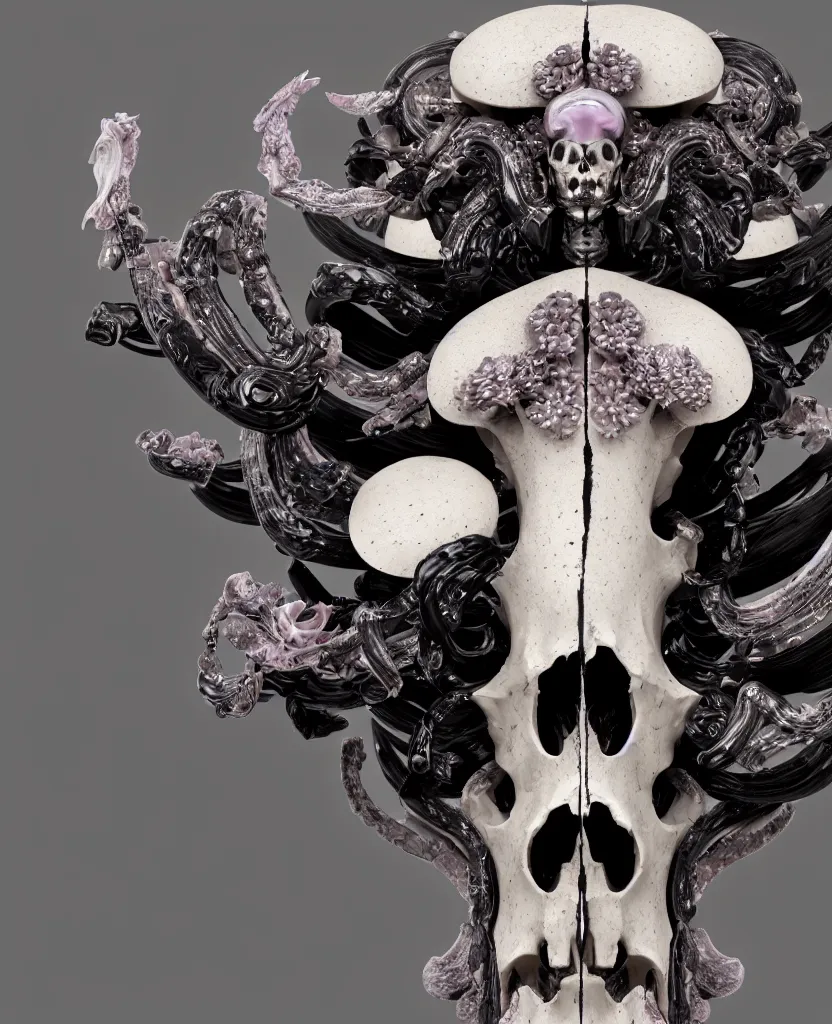 Image similar to goddess princess face close-up portrait ram skull. sculpture made of black obsidian. jellyfish phoenix head, nautilus, orchid, skull, betta fish, bioluminiscent creatures, intricate artwork by Tooth Wu and wlop and beeple. octane render, trending on artstation, greg rutkowski very coherent symmetrical artwork. cinematic, hyper realism, high detail, octane render, 8k