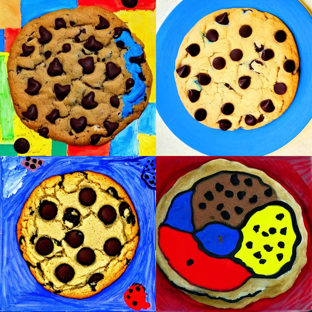 Prompt: a chocolate chip cookie painted by picasso, primary colors, ultra detailed