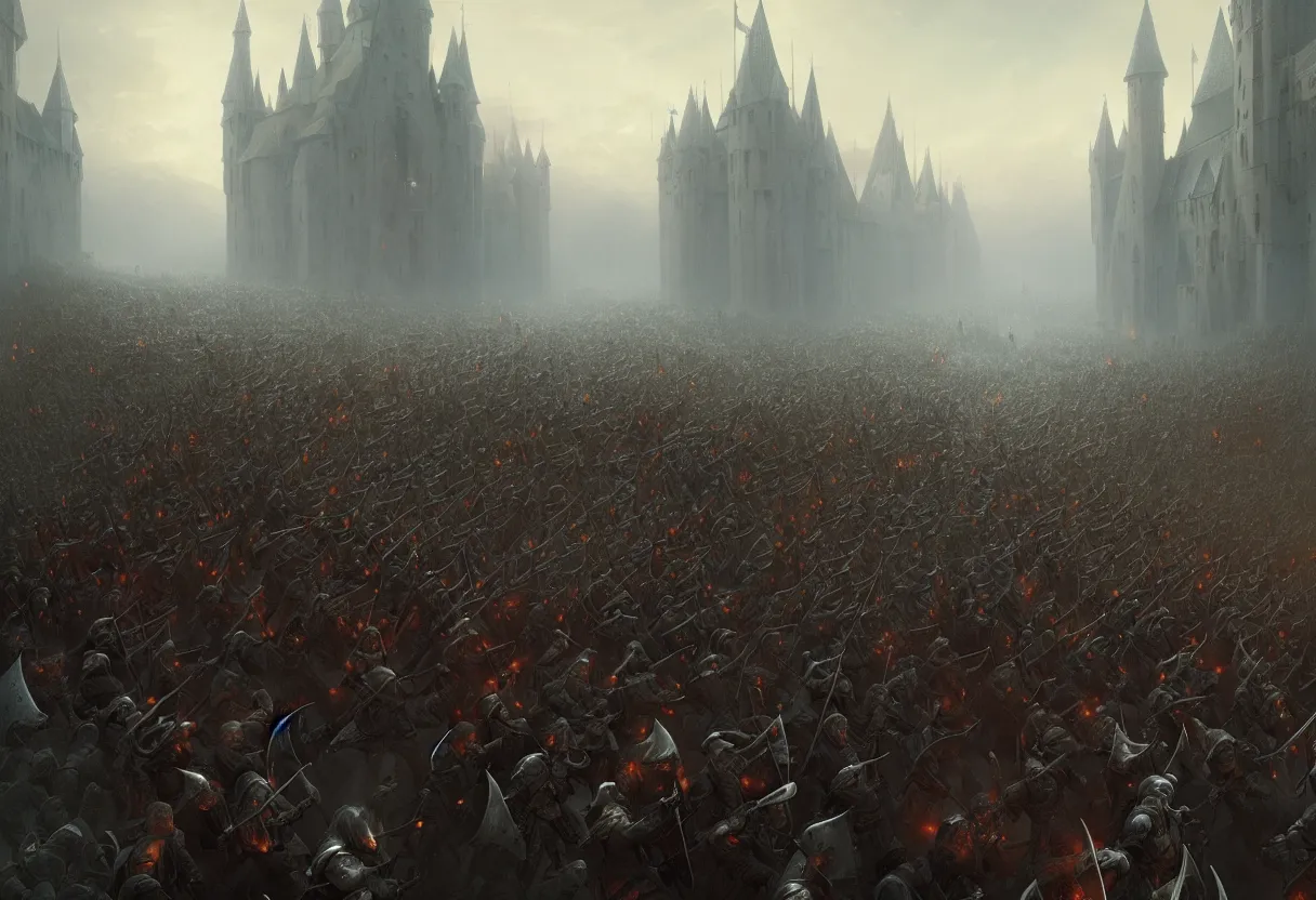 Image similar to beautiful render of a fairytale, tired medieval army marching, ultra high definition, ultra detailed, symmetry, fog, matte painting, by greg rutkowski and ross tran and wlop