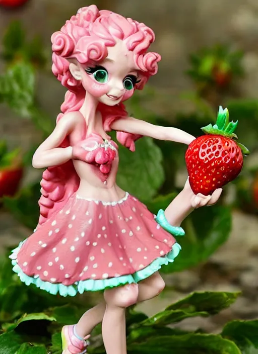 Prompt: a wholesome femo figurine of a cute funny strawberry fairy with freckles wearing a frilly floral strawberry dress featured on doom eternal by studio ghibly and disney made of strawberry jam jar, pastels, wide angle, dynamic dancing pose, 🎀 🍓 🧚