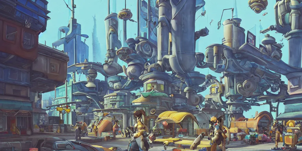 Image similar to overwatch building, stylized, exterior, architecture, in watercolor gouache detailed paintings, insanely detail, artstation, 8 k, futuristic, big medium small, arcane, simon stalenhag, food stall, interesting shapes & form, golden ratio, hard surface, props, lots of decoration, megastructures, floating city, tree and plants, solarpunk, japanese downtown