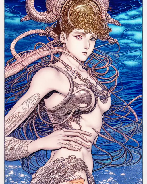 Image similar to hyper detailed illustration of the goddess of the ocean, intricate linework, lighting poster by moebius, ayami kojima, 90's anime, retro fantasy