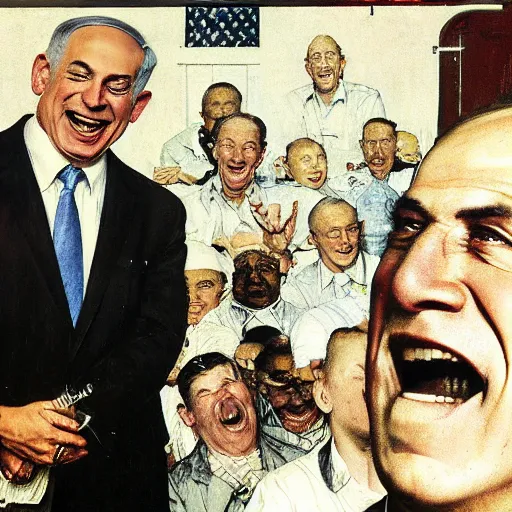 Image similar to benjamin netanyahu laughing and pointing at screen, by norman rockwell