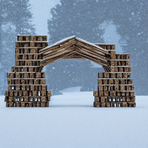 Image similar to large wooden blocks stacked ontop of each other in an arch, in the snow, an ambient occlusion render by Filip Hodas, Simon Stålenhag, digital art, cgsociety, environmental art, matte painting, ambient occlusion