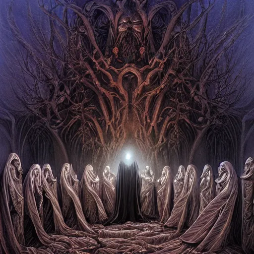 Image similar to a dark cabal of multiple hooded elven mystics in long dark robes gathered in a circular formation around a quantum computer processing the spirits of the dead, dan seagrave art, michael whelan