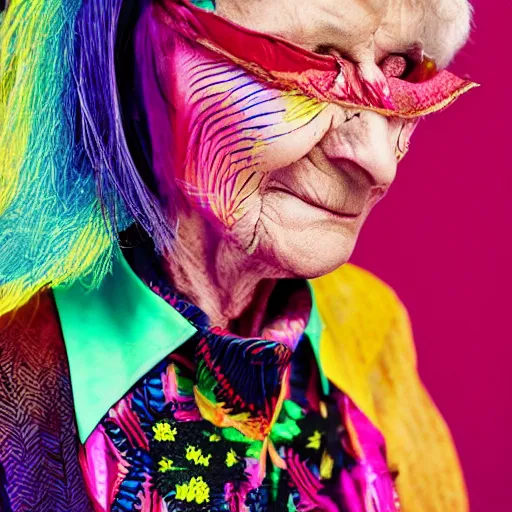 Prompt: elderly woman dressed in extremely colorful clothes with many strange patterns posing for a high fashion photoshoot, haute couture, cyberpunk 2077 soft lighting dark shadows beautiful 65mm camera Ryan Church