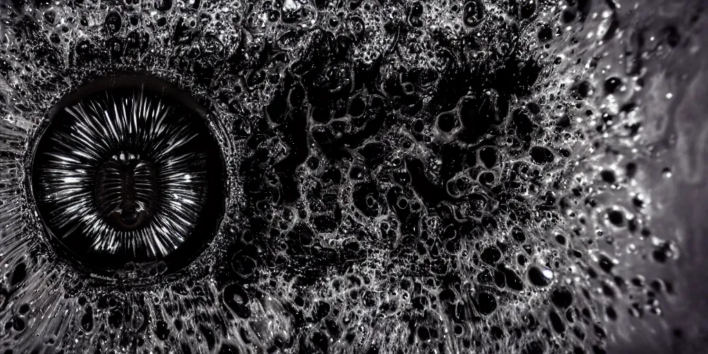 Image similar to the black lioness made of ferrofluid, dripping tar, drooling ferrofluid, crawling out of the air vent. dslr, photography, animal photography, goo, reflections, sticky, melting