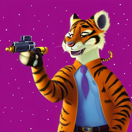 Image similar to “portrait of tiger in the style of the movie zootopia holding a laser gun, 4k, digital art, award winning”