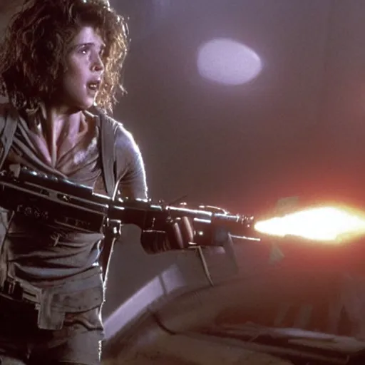 Prompt: half and covered in blood, ellen ripley, performed by emilia clarke, fights off hordes of aliens on the millennium falcon, holding a minigun in her right hand behind her and helps her with shots from a laser pistol. the style of films from the 8 0 s