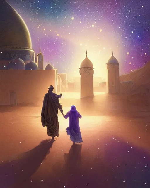 Image similar to bedouin man and woman and child in galaxy walking towards mosque surrounded by nebula, highly detailed, gold filigree, romantic storybook fantasy, soft cinematic lighting, award, disney concept art watercolor illustration by mandy jurgens and alphonse mucha and alena aenami, pastel color palette, featured on artstation