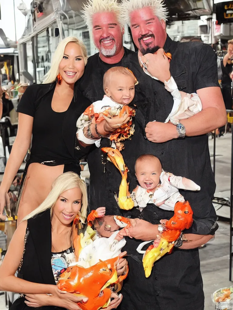 Prompt: olivia munn and guy fieri holding their baby