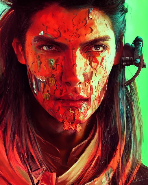 Prompt: '' Face portrait of a scarred fighter with a neon lime leather coat, long hair with a ponytail , sci-fy, cyberpunk, high detail, 4k , digital painting, artstation, concept art, sharp focus, illustration, art by greg rutkowski and alphonse mucha ''