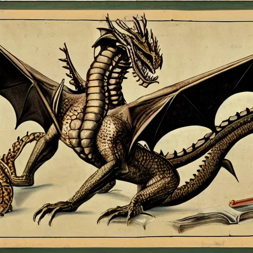 Prompt: old encyclopedia illustrations presenting dragons, with descriptive text, informative diagrams and notes