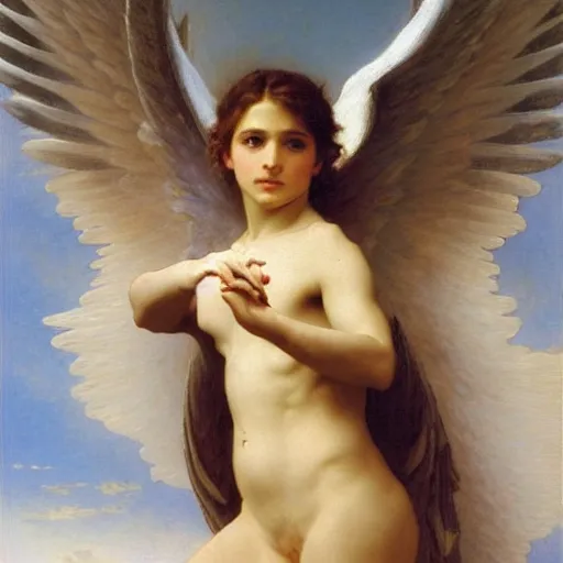 Image similar to an oil painting of an epic angel flying, by Bouguereau, highly detailed and intricate,