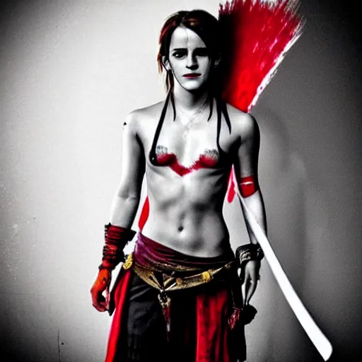 Prompt: Emma Watson as Kratos, brutal