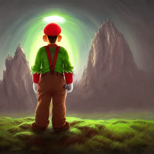 Prompt: professional fantasy art of new mario brother in green overalls, long thin drooping dangling mustache, very sad face, looking at viewer, professional art, dnd, fantasy art, red moon, matte painting, zdislaw beksinski, volumetric lighting, unreal engine 5, very detailed art