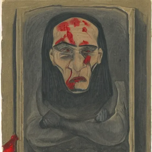 Image similar to portrait of alexander abdulov, with a red eyes, satanic body, head of old man, in blood of sinners, hellish style