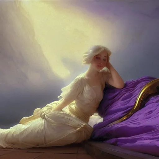 Prompt: a young woman's face, her hair is white and she wears an royal purple satin cloak, by ivan aivazovsky and syd mead and moebius and gaston bussiere and roger dean and pieter claesz and paul delaroche and alma tadema and aelbert cuyp and willem claesz, hyperrealistic, volumetric light, octane render