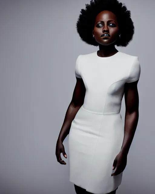 Image similar to Fully-clothed full-body portrait of Lupita Nyong'o wearing a white dress, XF IQ4, 50mm, F1.4, studio lighting, professional, 8K