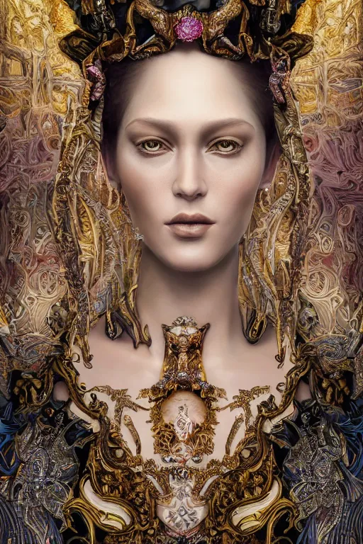 Image similar to hyper-realistic ultra-detailed maximalist and dramatic elegant luxury beautiful young empress portrait by igor goryunov and patricio clarey inspired by andrei riabovitchev and heidi taillefer Rendered by binx.ly 8k. Generative art. Fantastic realism. Scifi feel. Extremely Ornated. Intricate and omnious. Tools used: Blender Cinema4d Houdini3d zbrush. Unreal engine 5 Cinematic. Beautifully lit. No background. artstation. Deviantart. CGsociety.