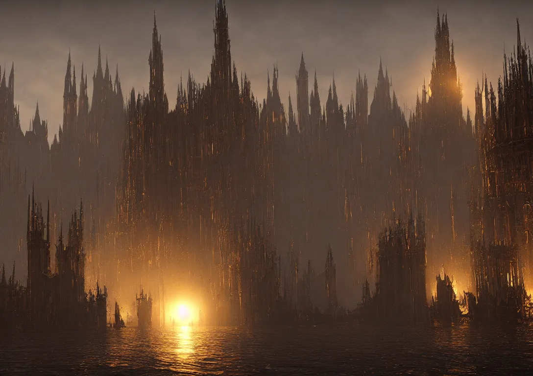 Image similar to the golden spires of the carcosa palace are illuminated by huge black sun, and the lake reflecting yhtill's remnants curled gunsmoke. 8 k, bloodborne cg style, unreal engine 5