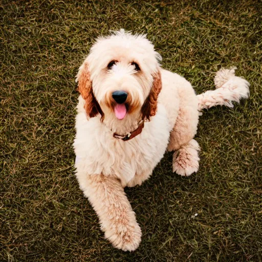 Prompt: a Goldendoodle except their body looks like greasy fried chicken, spot lighting from above, realisitc photo, f/1.4 HDR aperture, UHD studio quality