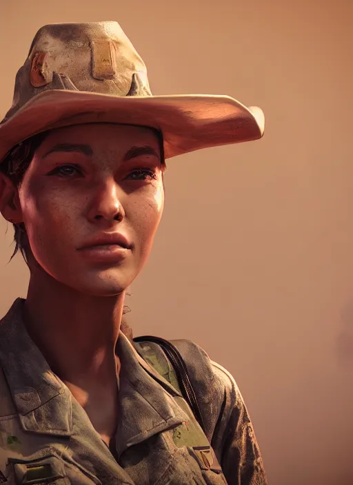 Prompt: A comic book style portrait painting of a female soldier wearing cowboy hat in a post apocalyptic setting, unreal 5, DAZ, hyperrealistic, octane render, RPG portrait, dynamic lighting