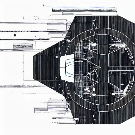 Prompt: technical drawings of a a interstellar spacecraft, amazing, intense lighting, intense effects