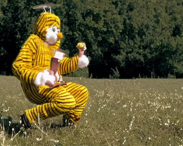 Image similar to William Dafoe in the bee costume on the sunny meadow with clear sky, film still, high detail