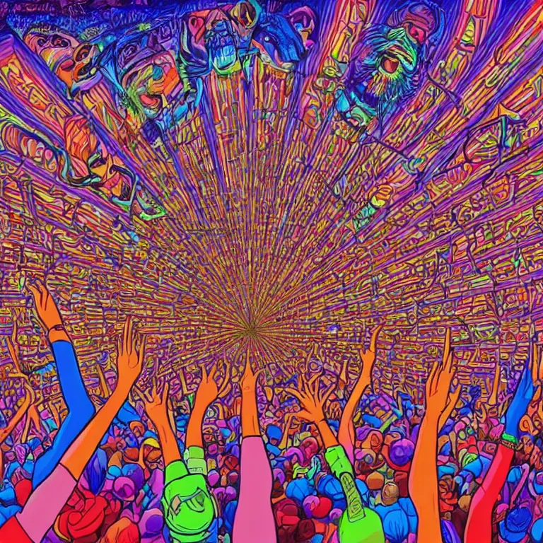 Image similar to rapping on stage at festival, holding microphone, giant crowd, epic angle, profile view, psychedelic hip hop, illustrated by Alex Grey