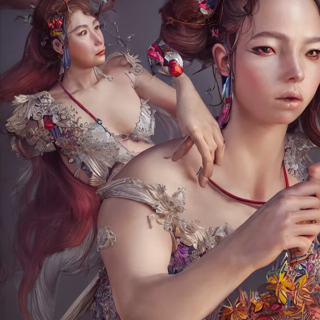 Image similar to studio portrait of neutral good colorful female cleric bard healer as absurdly beautiful, elegant, young sensual swimsuit model, ultrafine hyperrealistic detailed face illustration by kim jung gi, irakli nadar, intricate linework, sharp focus, bright colors, matte, octopath traveler, final fantasy, unreal engine highly rendered, global illumination, radiant light, intricate environment