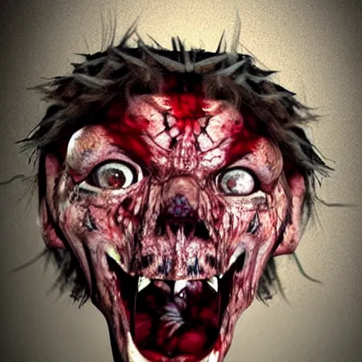 Image similar to demonic chivauva, zombie face, glowing eyes, mouth full of wierd tooth, hyper realistic, realistic lighting, full of details, horror, night time, scary, demonic