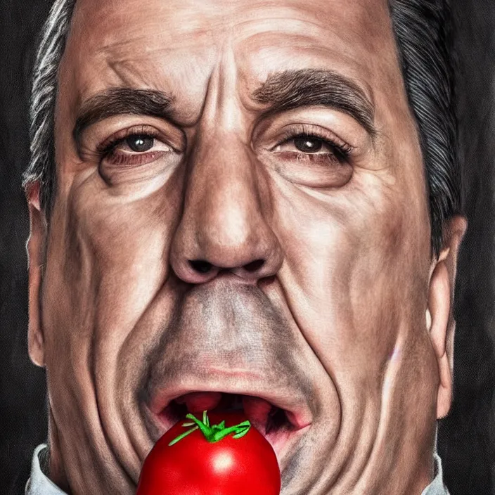 Image similar to portrait of till Lindemann. Caricature artwork. trending on artstation, very coherent symmetrical artwork. He's eating a tomato. He cosplays thanos. cinematic, hyper realism, high detail, newspaper illustration, iridescent accents