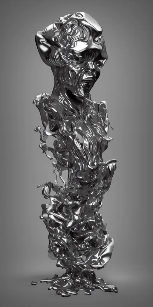 Prompt: 3 d render of a sculpture, chrometype, liquid metal, neotribal, raytraced, volumetric lightning, 8 k, innate studio