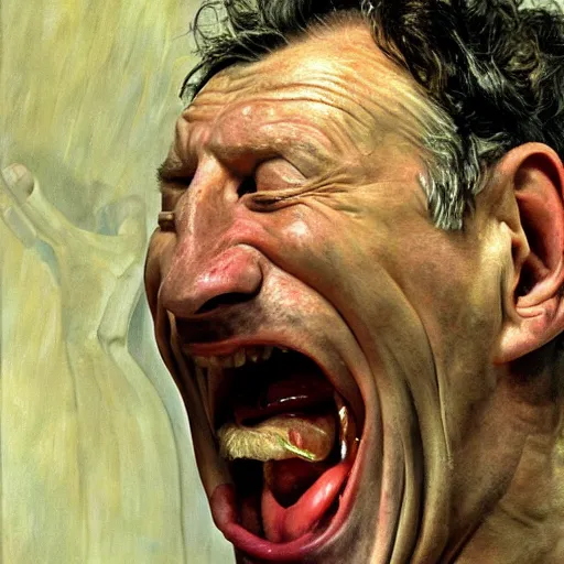 Image similar to high quality high detail painting by lucian freud, hd, screaming man, photorealistic lighting