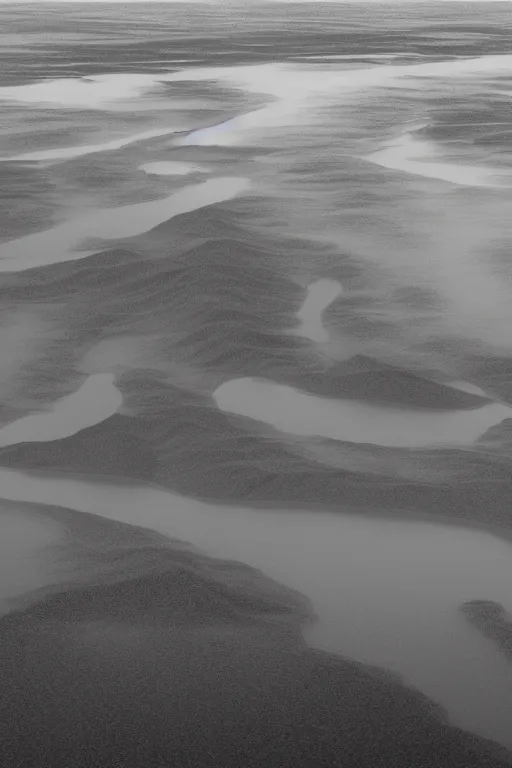 Prompt: drone photo of river delta and tsunami waves by hiroshi yoshida, roger deakins, turner, rothko, full height fluid simulation in houdini, distant mountain range, hyperrealism, moorland, matte painting, prometheus, trending on artstation, 8 k very hight detail, concept art, rendered in octane