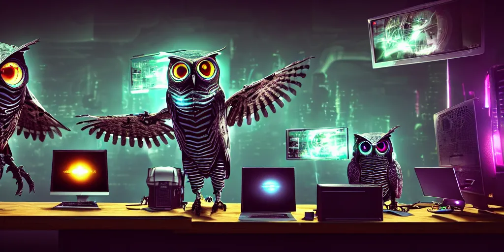 Image similar to an giant evil, malevolent, cyborg owls looking at a computer, surrounded by computer screens. steampunk. hyperealistic very colourful hdr cinematic lighting cgi render photorealistic cinematic octane render