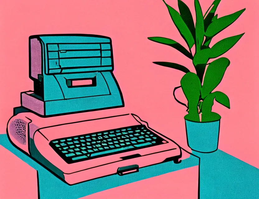 Prompt: 1 9 5 0 s risograph print of a retro computer on a table next to a potted plant, in shades of peach, pink, and teal gradient