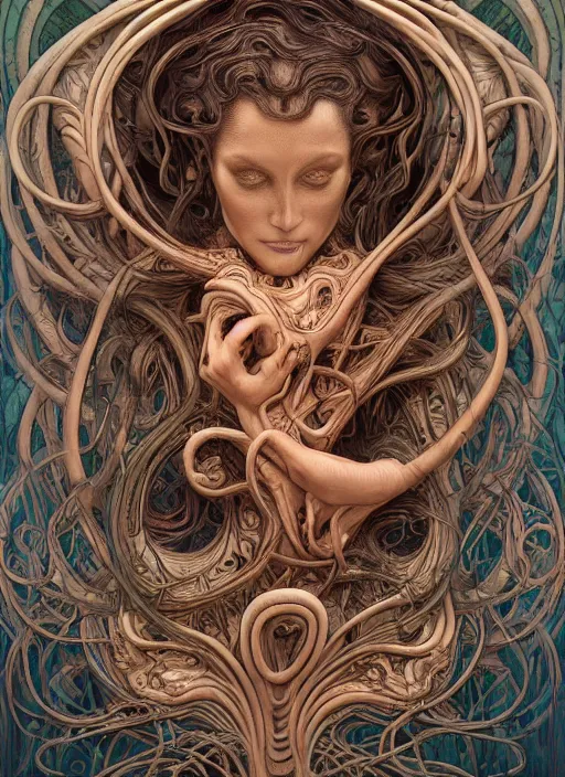 Image similar to medusa, wooden art nouveau swirls, strong subsurface scattering, cables, tubes, subsurface scattering, in the style of james jean and tomasz alen kopera and giger, subsurface scattering, mystical colors, rim light, soft lighting, 8 k, stunning scene, raytracing, octane render, trending on artstation