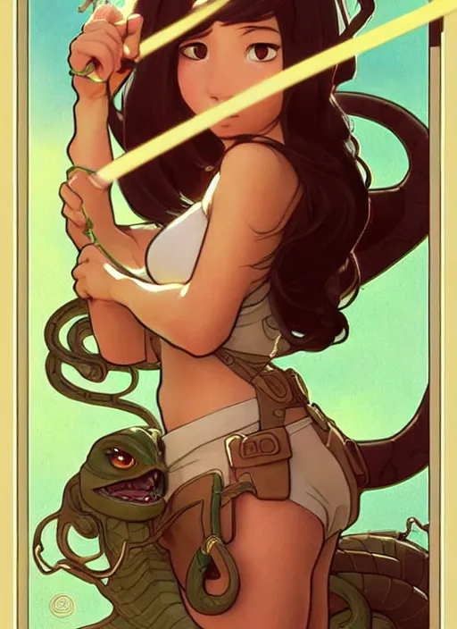 Image similar to cute snake trading card design, natural lighting, path traced, highly detailed, high quality, digital painting, by don bluth and ross tran and studio ghibli and alphonse mucha, artgerm