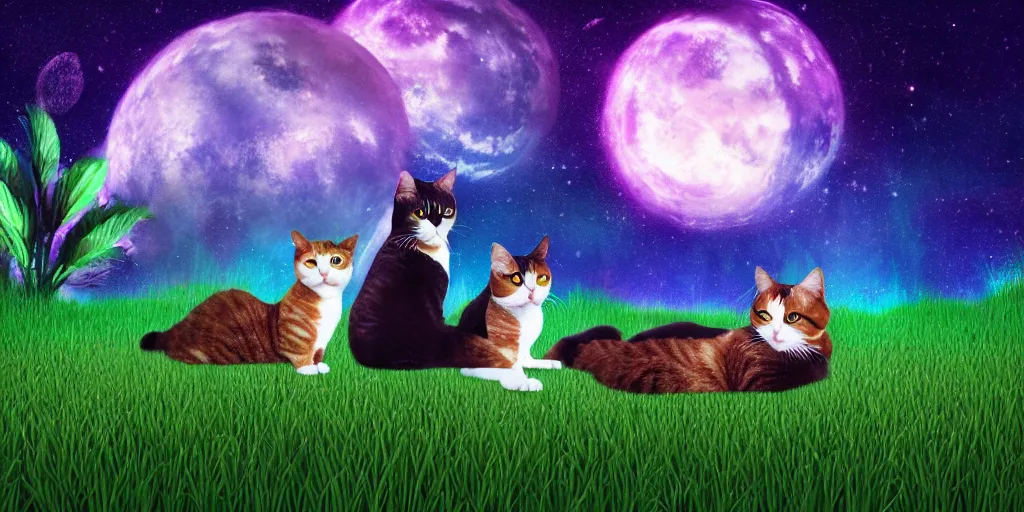 Prompt: a girl sits on the grass at night with dreamcore cats