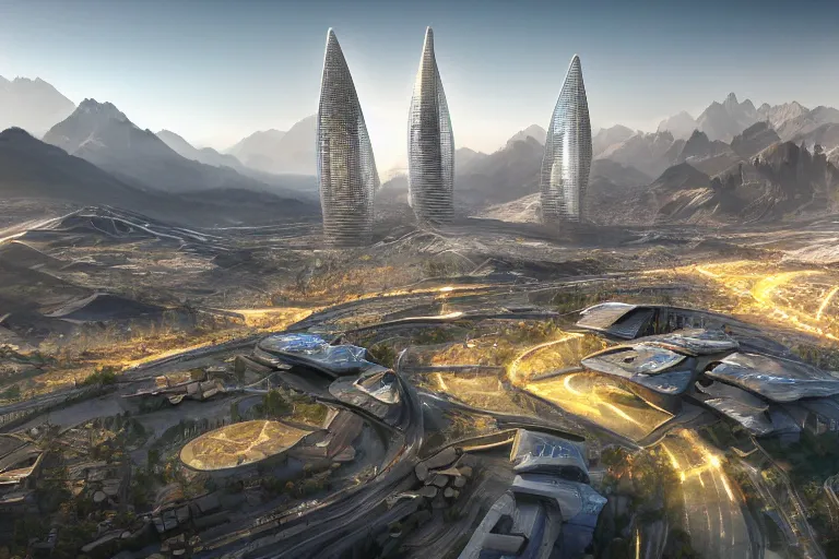 Prompt: futuristic city located in valley in kyrgyz, sunrise, vray, hdr, overhead view, photorealistic, highly detailed, 4 k