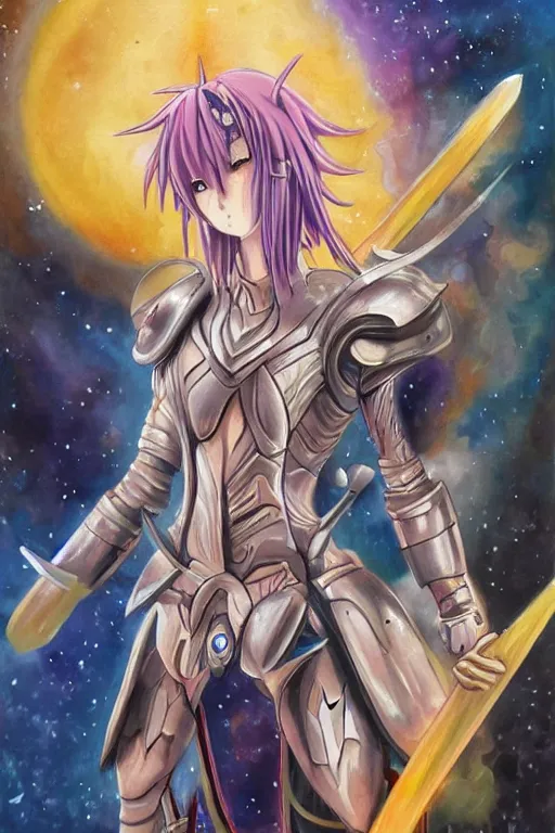 Image similar to a detailed painting in the style of anime of a galactic female warrior in armor