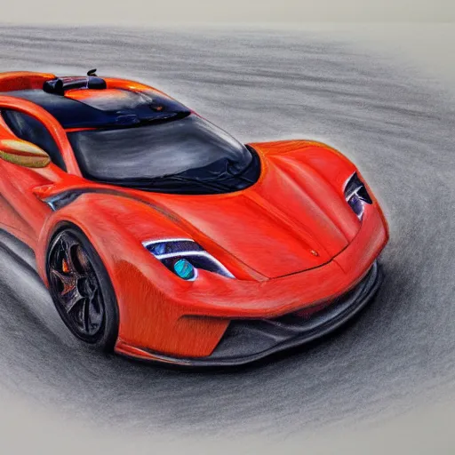 Image similar to intricate five star sports car racing by monica lee, colored pencil on paper, high detail, skin texture, photo realistic, hyperrealism, matte finish, high contrast, 3 d depth, masterpiece, vivid colors, artstationhd