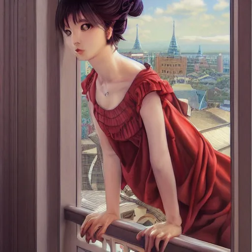 Image similar to Kotomi Ichinose waiting for someone on the balcony, professional modeling, looking down on the camera, detailed, centered, digital painting, artstation, concept art, donato giancola, Joseph Christian Leyendecker, WLOP, Boris Vallejo, Breathtaking, 8k resolution, extremely detailed, beautiful, establishing shot, artistic, hyperrealistic, beautiful face, octane render, cinematic lighting, dramatic lighting, masterpiece