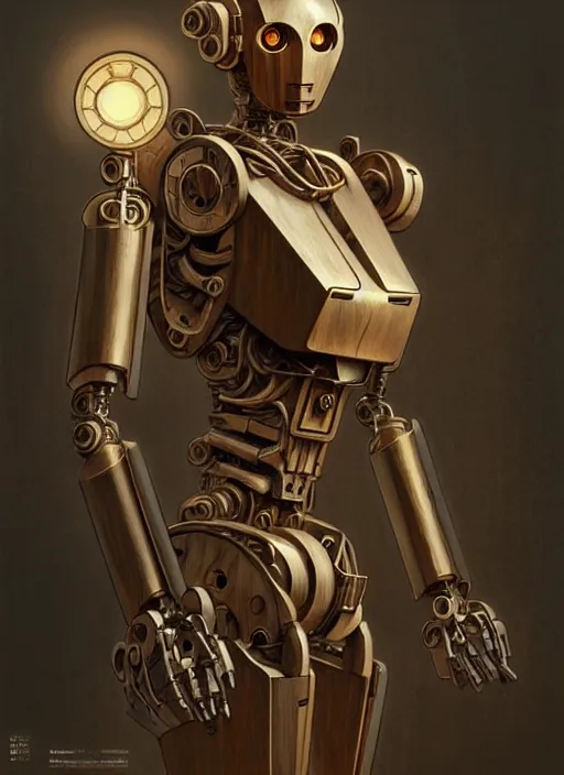 Prompt: wooden robot, metal, cinematic lighting, fantasy, warforged, intricate, highly detailed, lifelike, photorealistic, digital painting, artstation, illustration, concept art, sharp focus, art by john collier and albert aublet and krenz cushart and artem demura and alphonse mucha