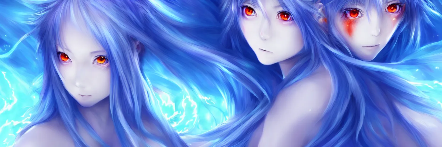 Prompt: advanced digital anime art, a very cute gorgeous teenage girl with a body made of fire and ice , full body, very long snow colored hair, sky blue highlights in hair, red fiery watery eyes, wearing a dress made of water, full round face, dramatic cinematic lighting, wideshot, highly intricately detailed, trending on pixiv, Artstation, painted by Rossdraws and the style of Sakimimichan