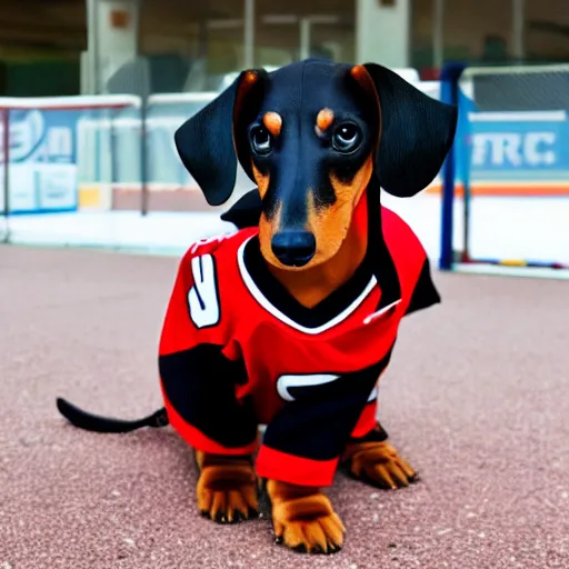 Image similar to dachshund wearing hockey gear